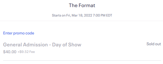 Screenshot from the ticket seller's website: ticket at $49.52 sold out